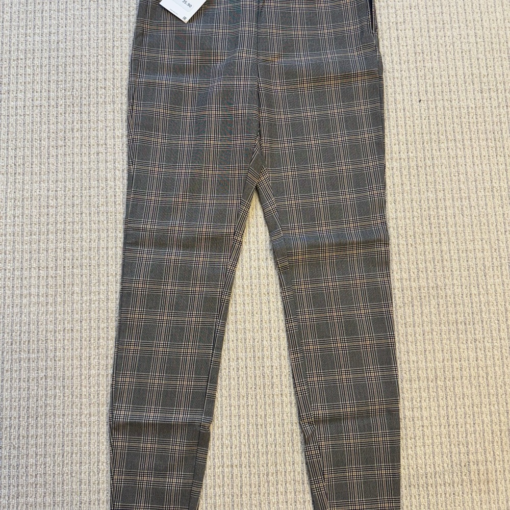 NWT Zara Size M Women's Tan Glen Plaid Ankle Pants with side Zipper